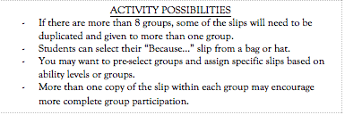 Text Box: ACTIVITY POSSIBILITIES-	If there are more than 8 groups, some of the slips will need to be duplicated and given to more than one group. -	Students can select their Because slip from a bag or hat. -	You may want to pre-select groups and assign specific slips based on ability levels or groups.-	More than one copy of the slip within each group may encourage more complete group participation.