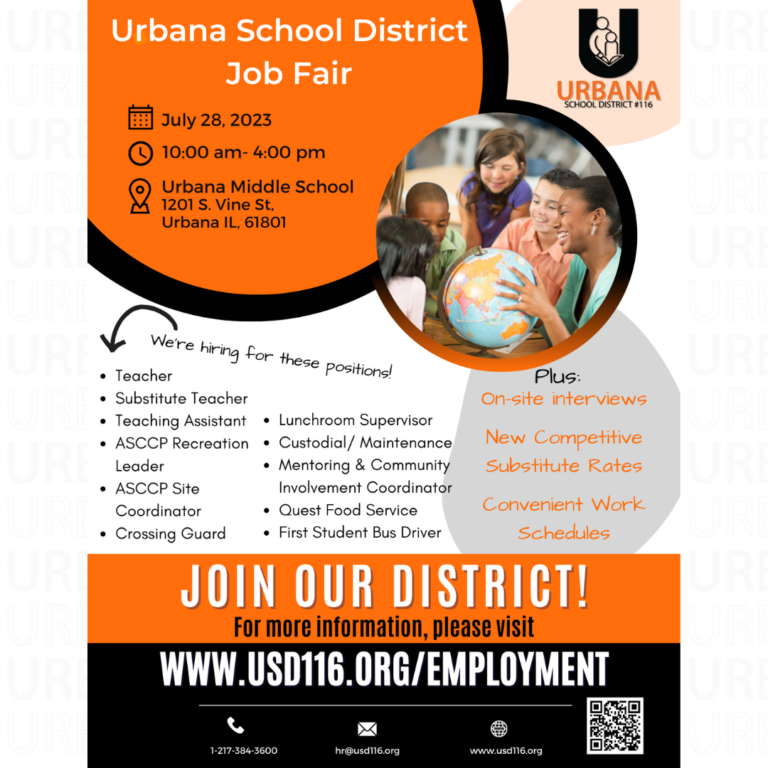 USD 116 Job Fair on July 28, 2023 from 10 a.m. to 4 p.m. at Urbana Middle School. Several positions available. On-site interviews. Competitive pay and convenient work schedules