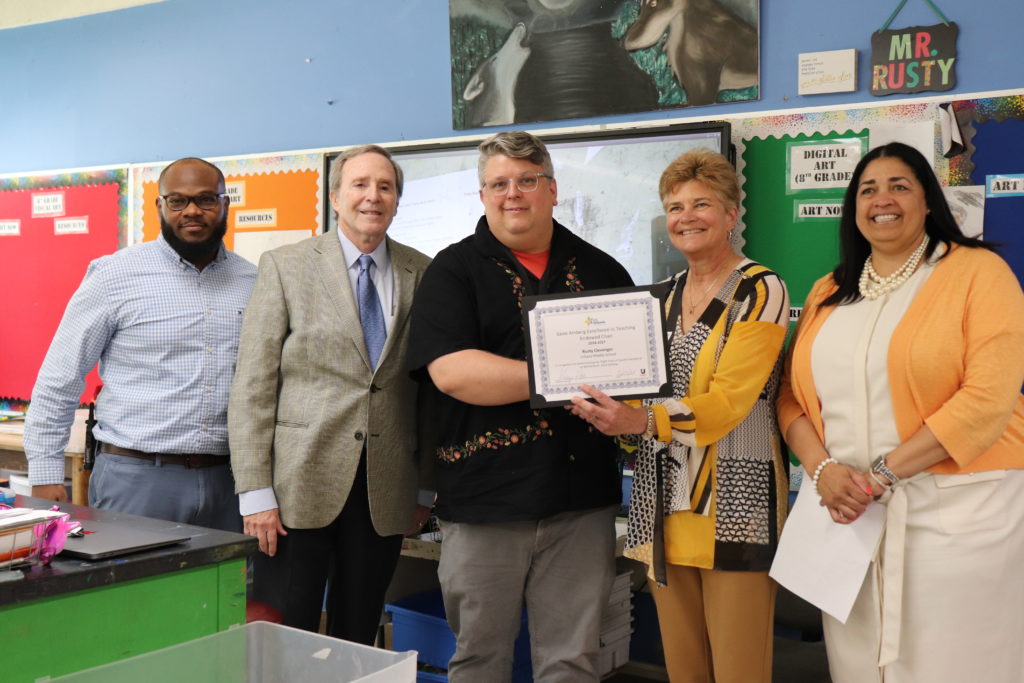 Group Photo: from left to right: Principal Cooper, Gene Amberg, Rusty Clevenger, Kelly Hill, Jennifer Ivory-Tatum Rusty is holding his certificate.